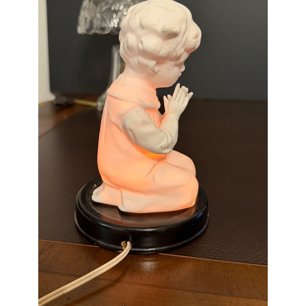 Vintage Enesco Praying Boy Porcelain Night Light Figurine Bisque Table Lamp - Picture 4 of 10